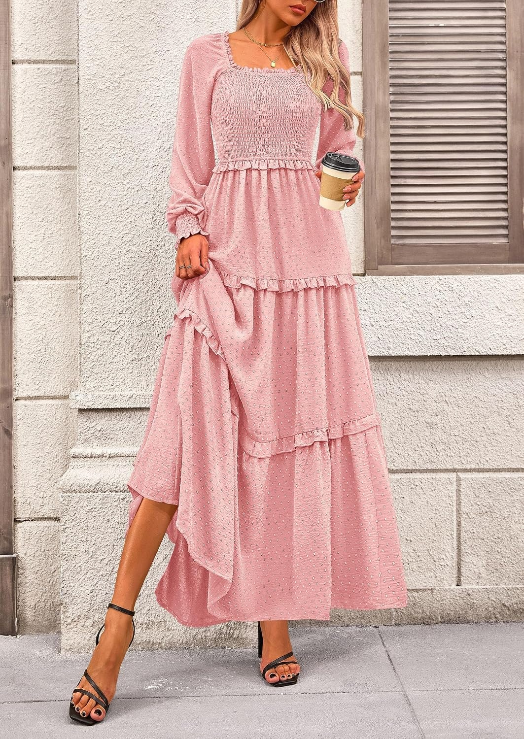 image:imagePRETTYGARDEN Womens Smocked Long Sleeve Maxi Dress Wedding Guest DressesPink