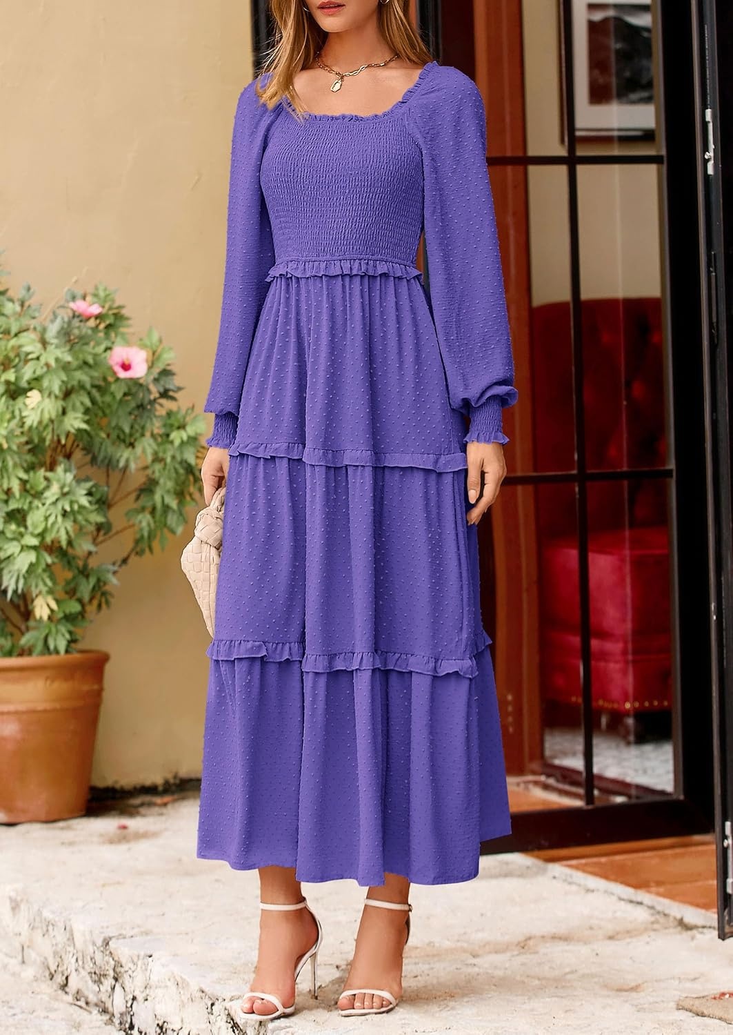 image:imagePRETTYGARDEN Womens Smocked Long Sleeve Maxi Dress Wedding Guest DressesPurple Blue