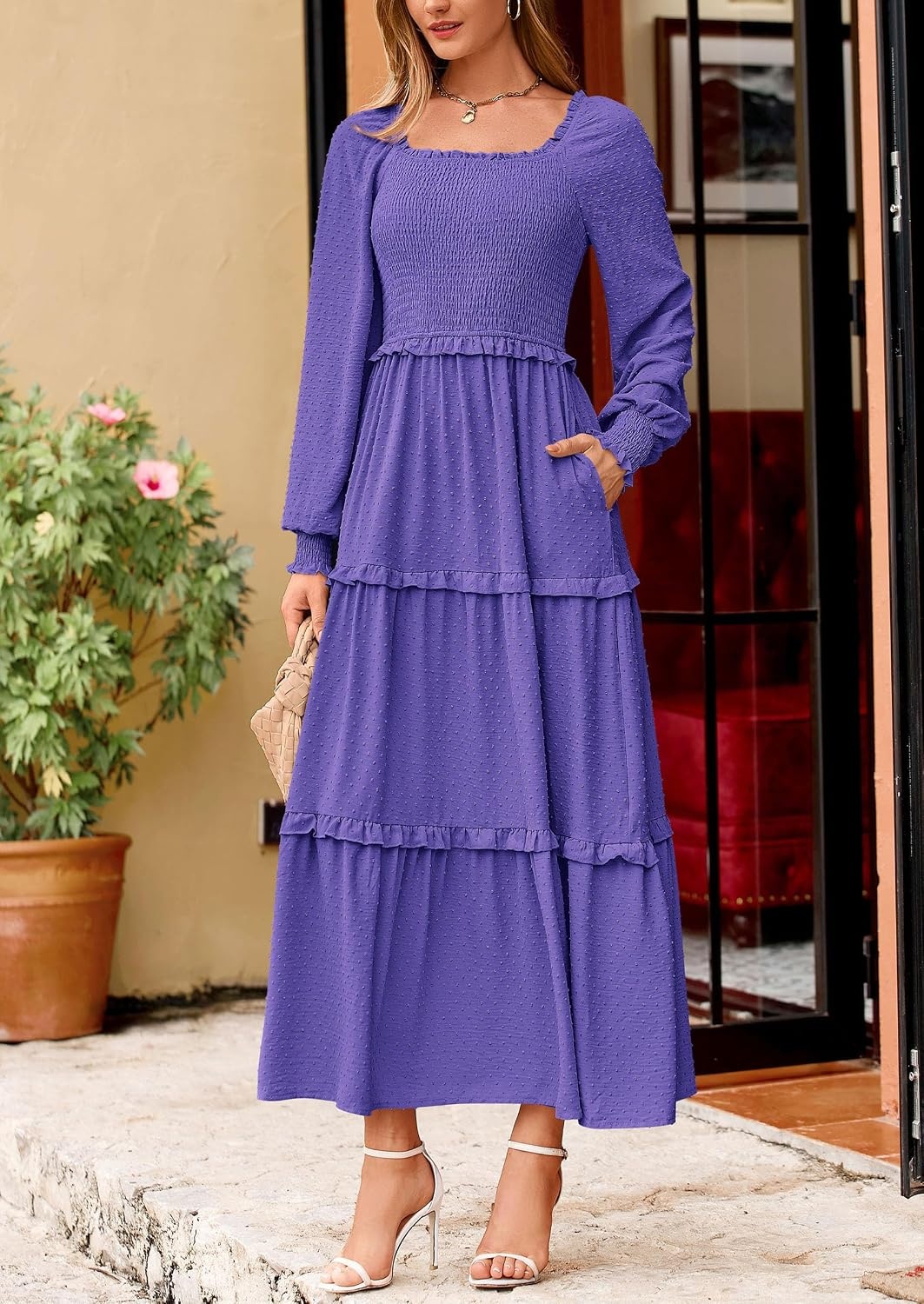 image:imagePRETTYGARDEN Womens Smocked Long Sleeve Maxi Dress Wedding Guest DressesPurple Blue