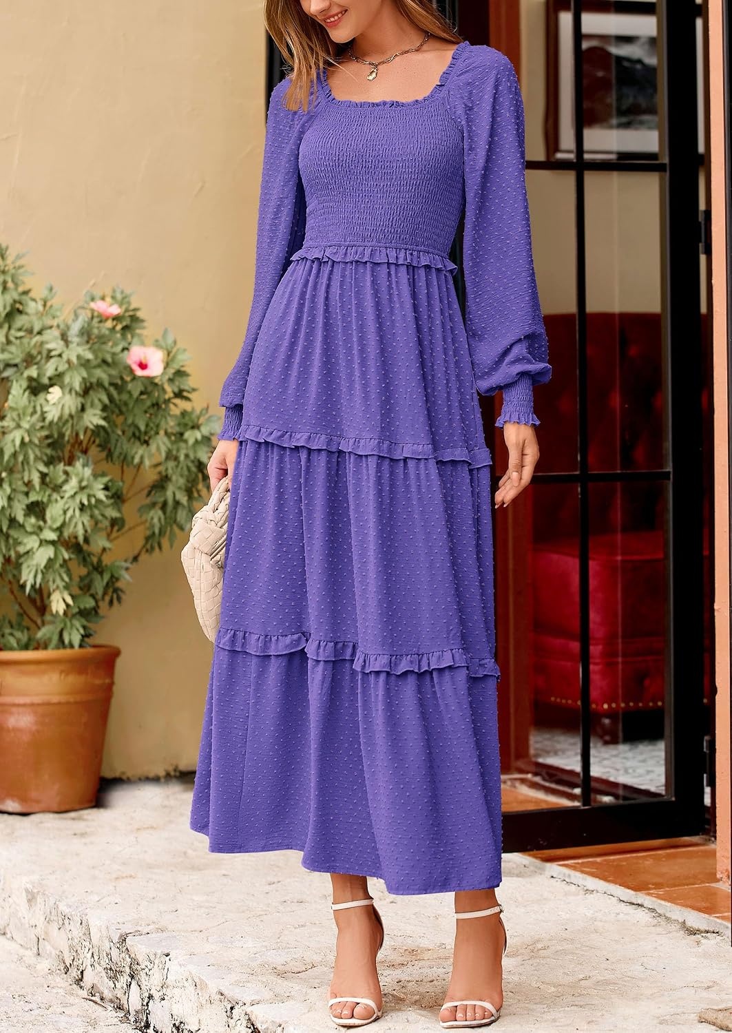 image:imagePRETTYGARDEN Womens Smocked Long Sleeve Maxi Dress Wedding Guest DressesPurple Blue