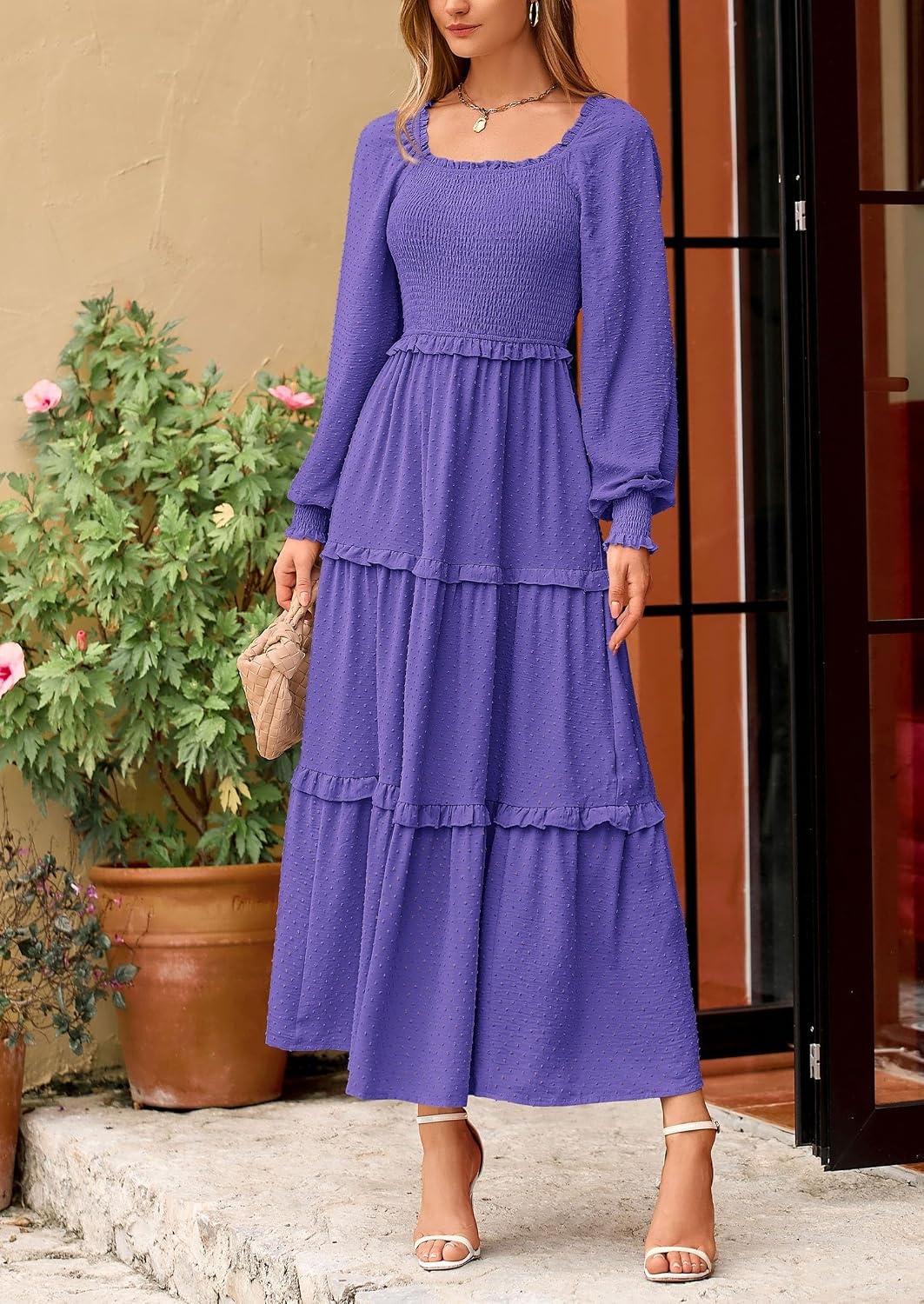 image:imagePRETTYGARDEN Womens Smocked Long Sleeve Maxi Dress Wedding Guest DressesPurple Blue