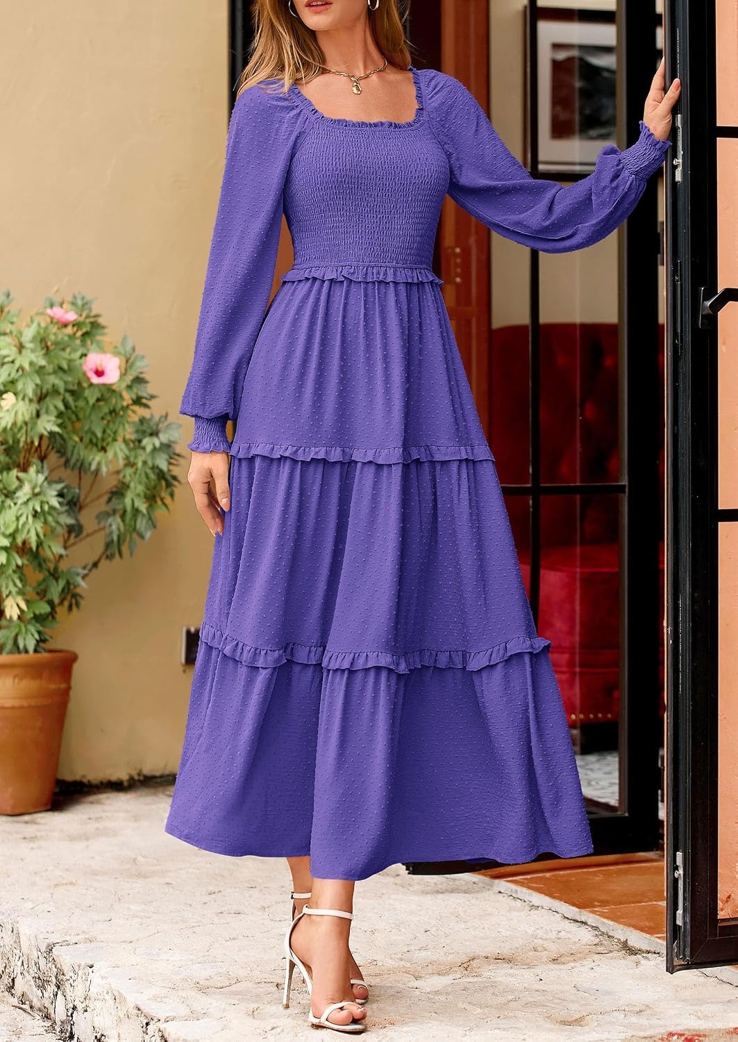image:imagePRETTYGARDEN Womens Smocked Long Sleeve Maxi Dress Wedding Guest DressesPurple Blue
