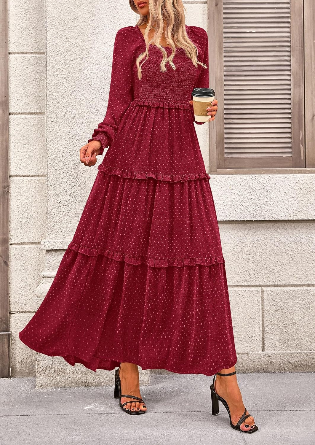 image:imagePRETTYGARDEN Womens Smocked Long Sleeve Maxi Dress Wedding Guest DressesRed
