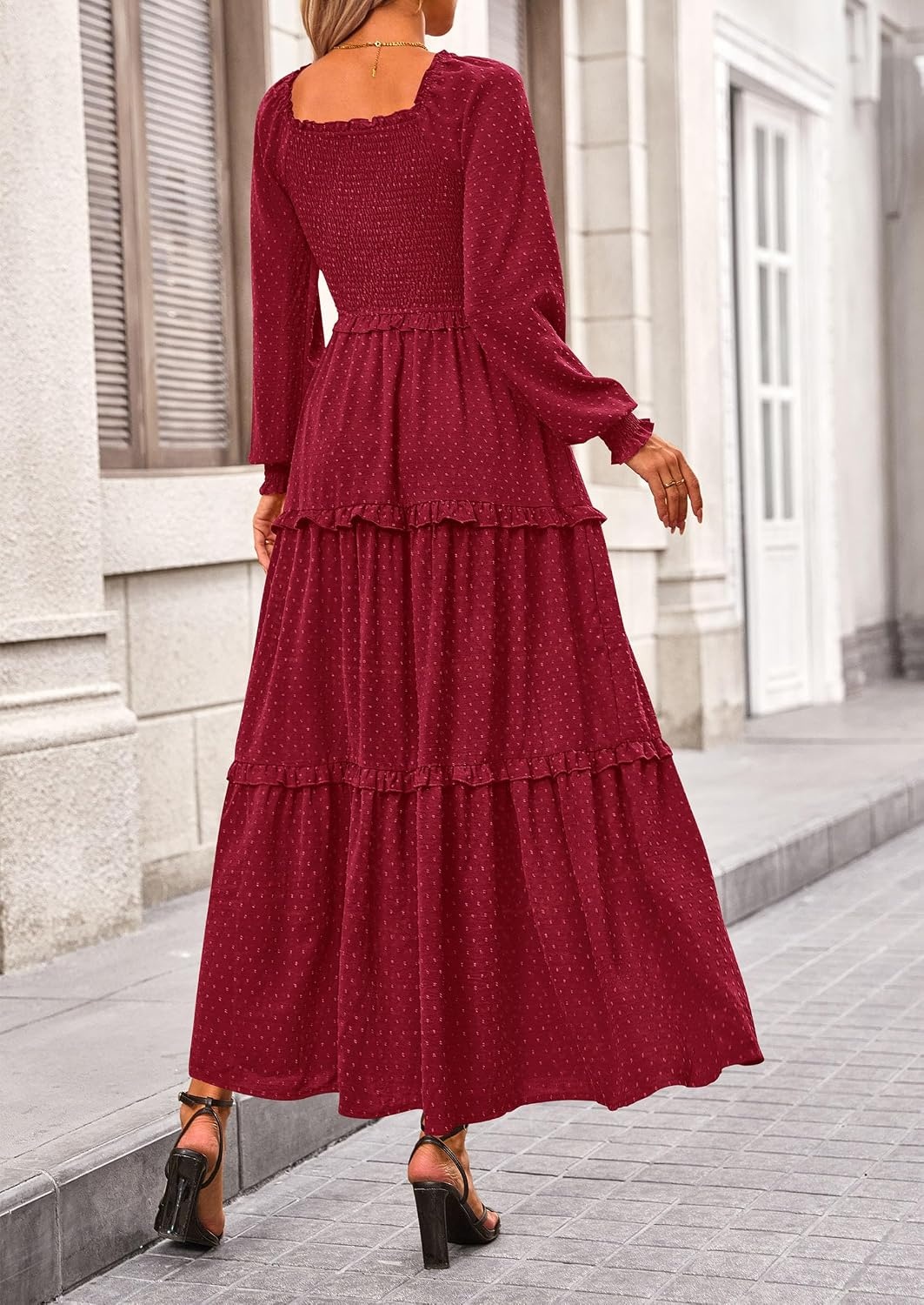 image:imagePRETTYGARDEN Womens Smocked Long Sleeve Maxi Dress Wedding Guest DressesRed