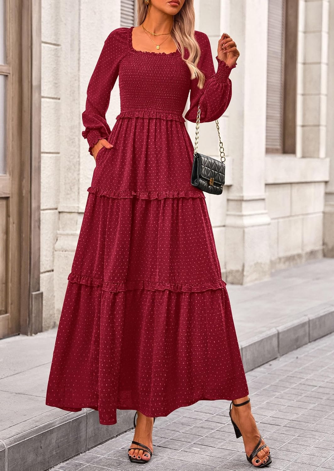 image:imagePRETTYGARDEN Womens Smocked Long Sleeve Maxi Dress Wedding Guest DressesRed
