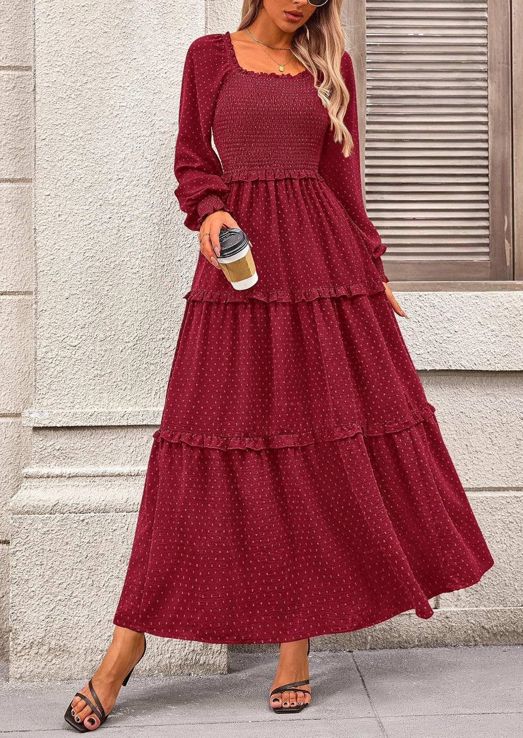 image:imagePRETTYGARDEN Womens Smocked Long Sleeve Maxi Dress Wedding Guest DressesRed