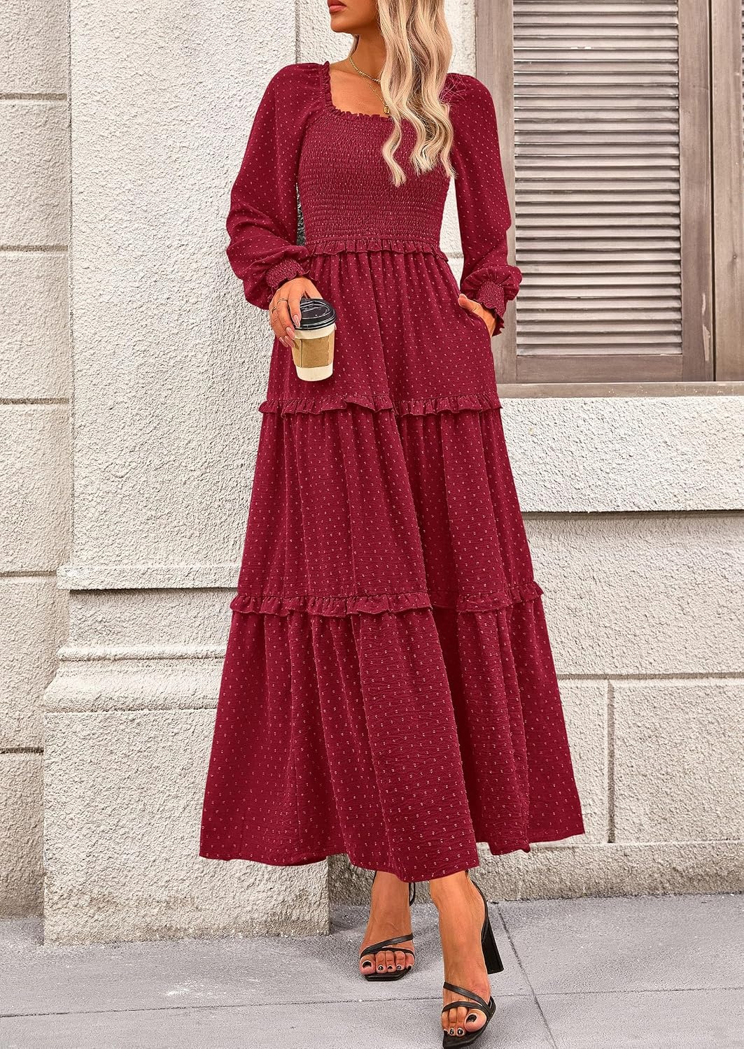 image:imagePRETTYGARDEN Womens Smocked Long Sleeve Maxi Dress Wedding Guest DressesRed