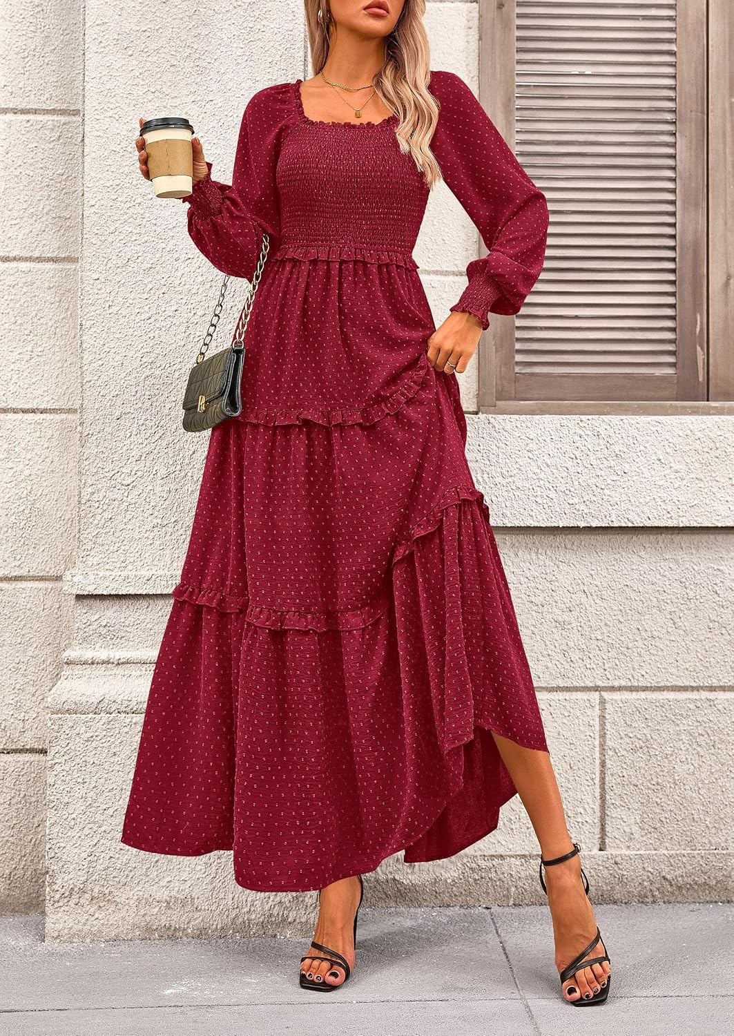 image:imagePRETTYGARDEN Womens Smocked Long Sleeve Maxi Dress Wedding Guest DressesRed