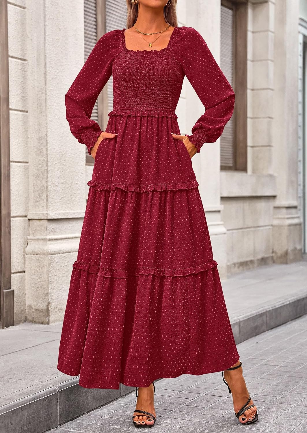 image:imagePRETTYGARDEN Womens Smocked Long Sleeve Maxi Dress Wedding Guest DressesRed