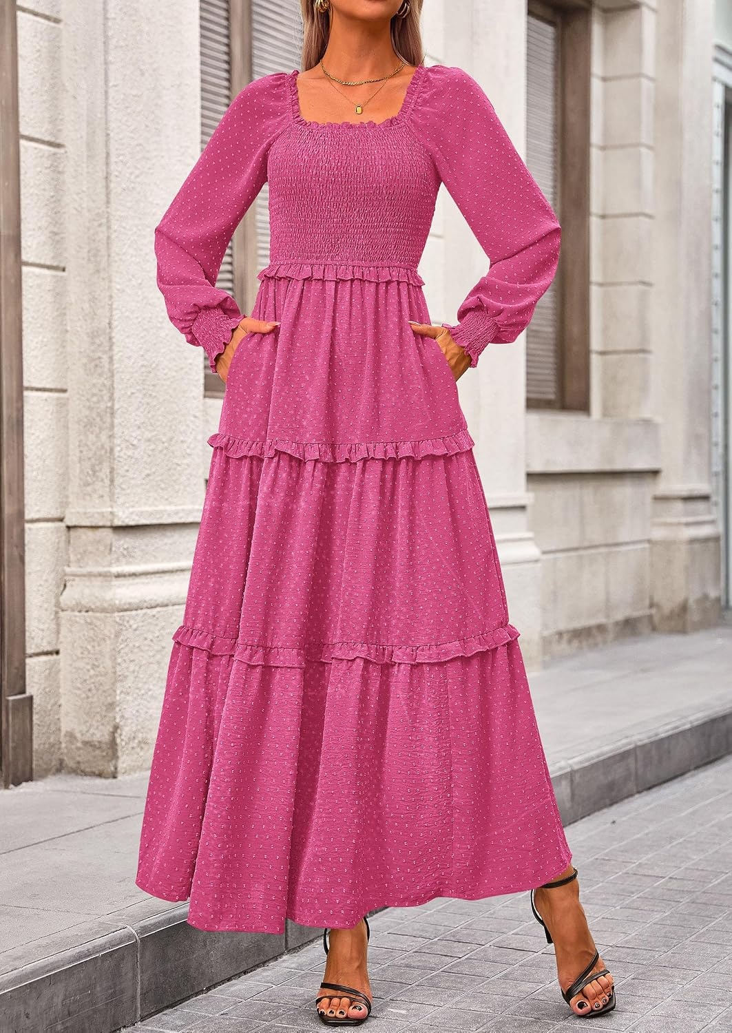 image:imagePRETTYGARDEN Womens Smocked Long Sleeve Maxi Dress Wedding Guest DressesRose Red