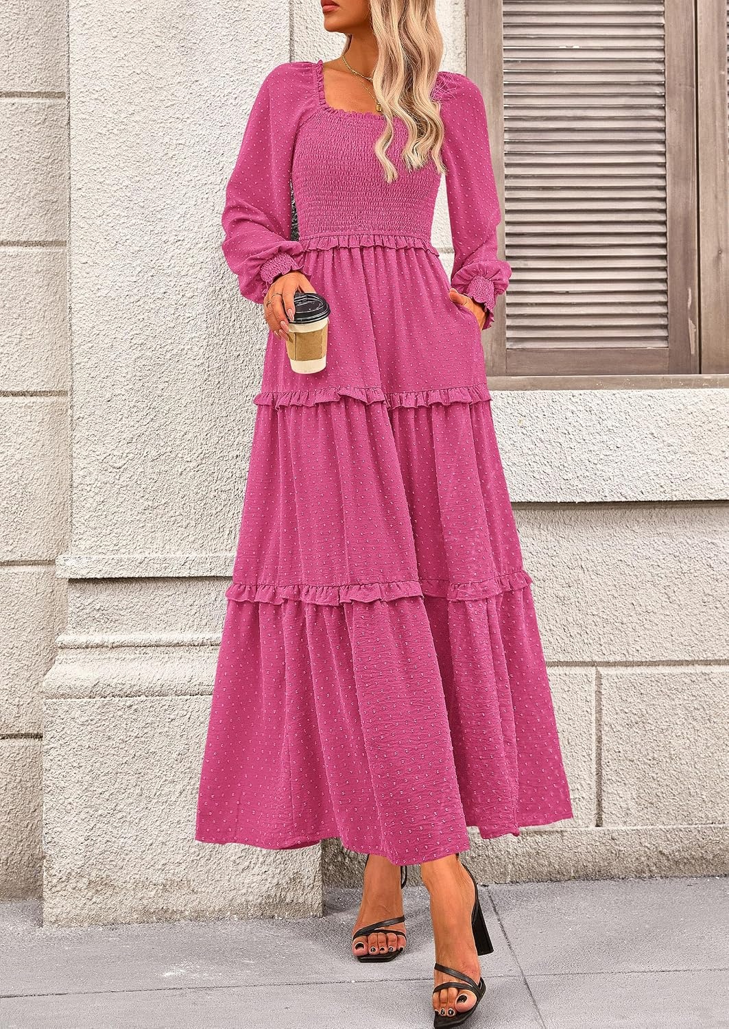 image:imagePRETTYGARDEN Womens Smocked Long Sleeve Maxi Dress Wedding Guest DressesRose Red
