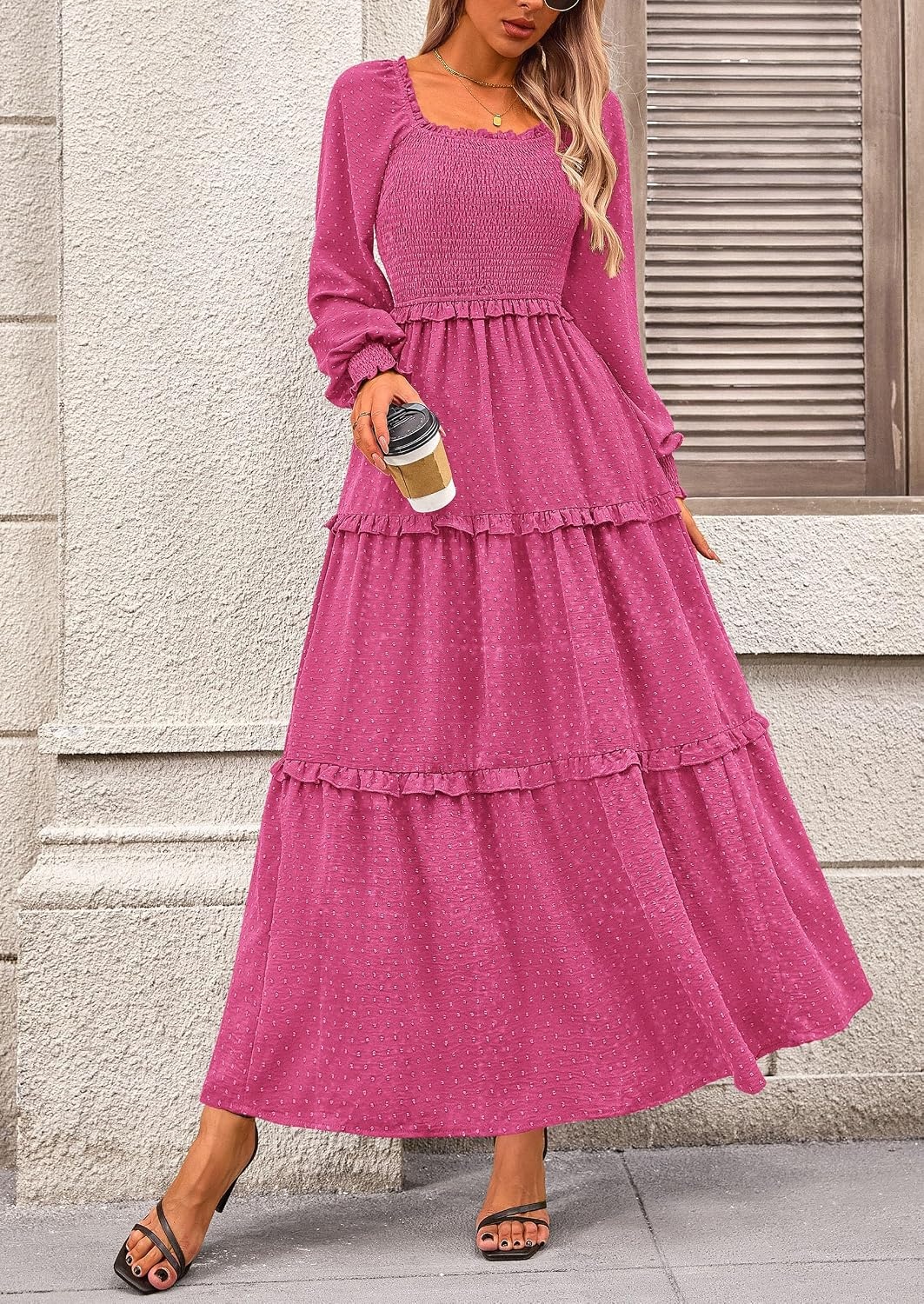 image:imagePRETTYGARDEN Womens Smocked Long Sleeve Maxi Dress Wedding Guest DressesRose Red