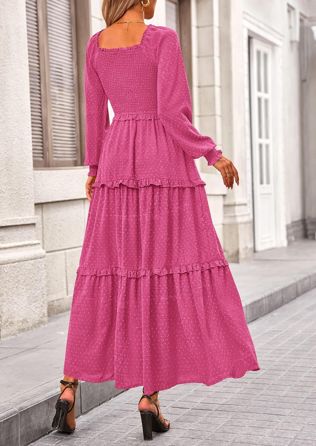 image:imagePRETTYGARDEN Womens Smocked Long Sleeve Maxi Dress Wedding Guest DressesRose Red