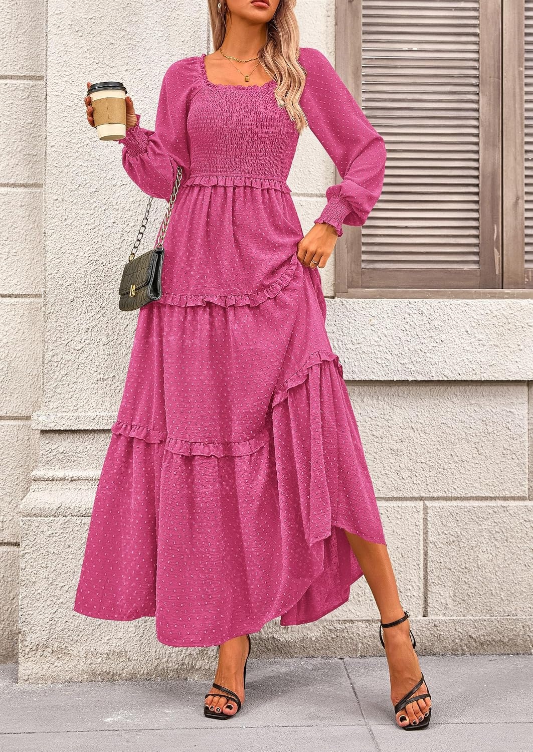 image:imagePRETTYGARDEN Womens Smocked Long Sleeve Maxi Dress Wedding Guest DressesRose Red