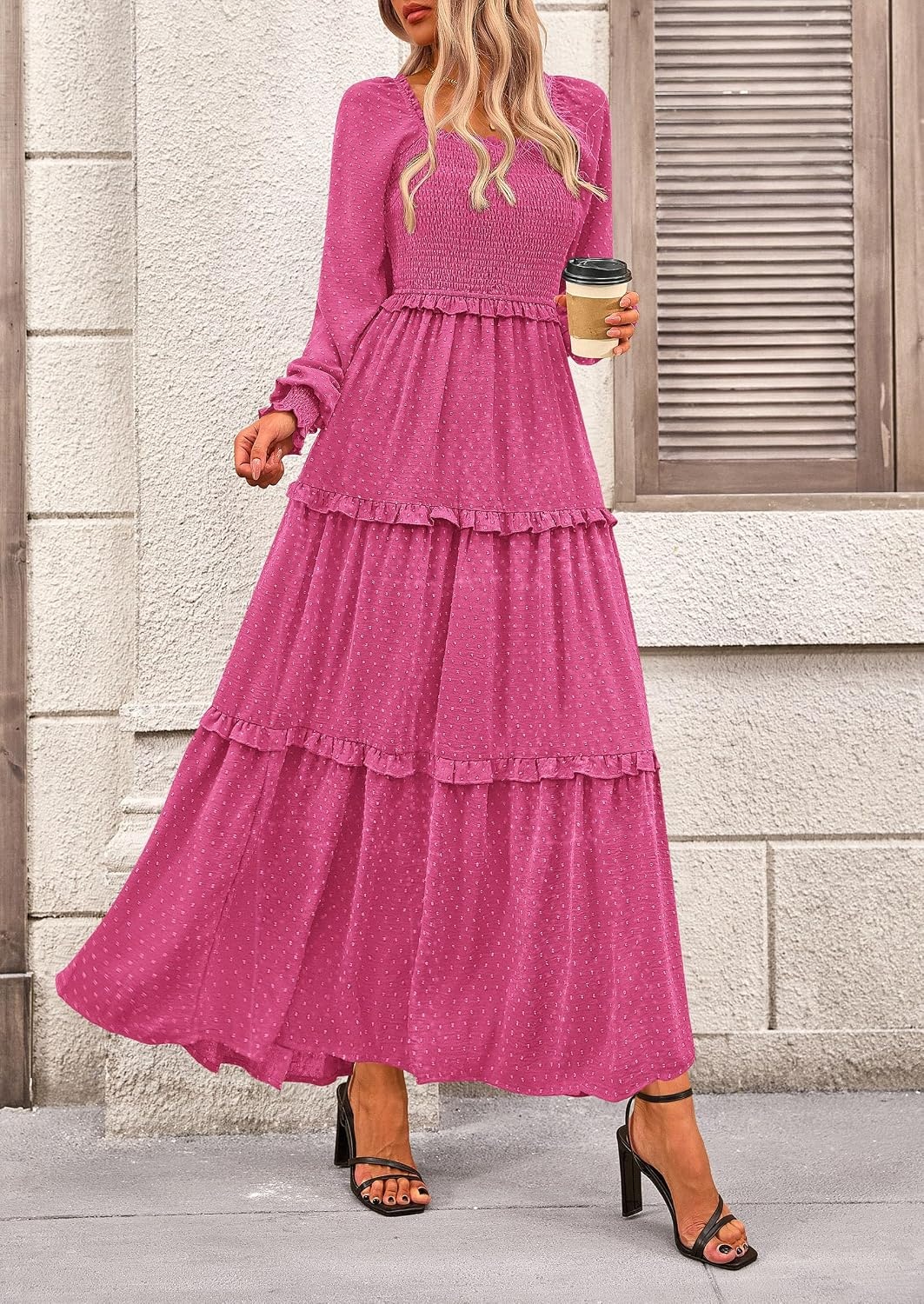 image:imagePRETTYGARDEN Womens Smocked Long Sleeve Maxi Dress Wedding Guest DressesRose Red