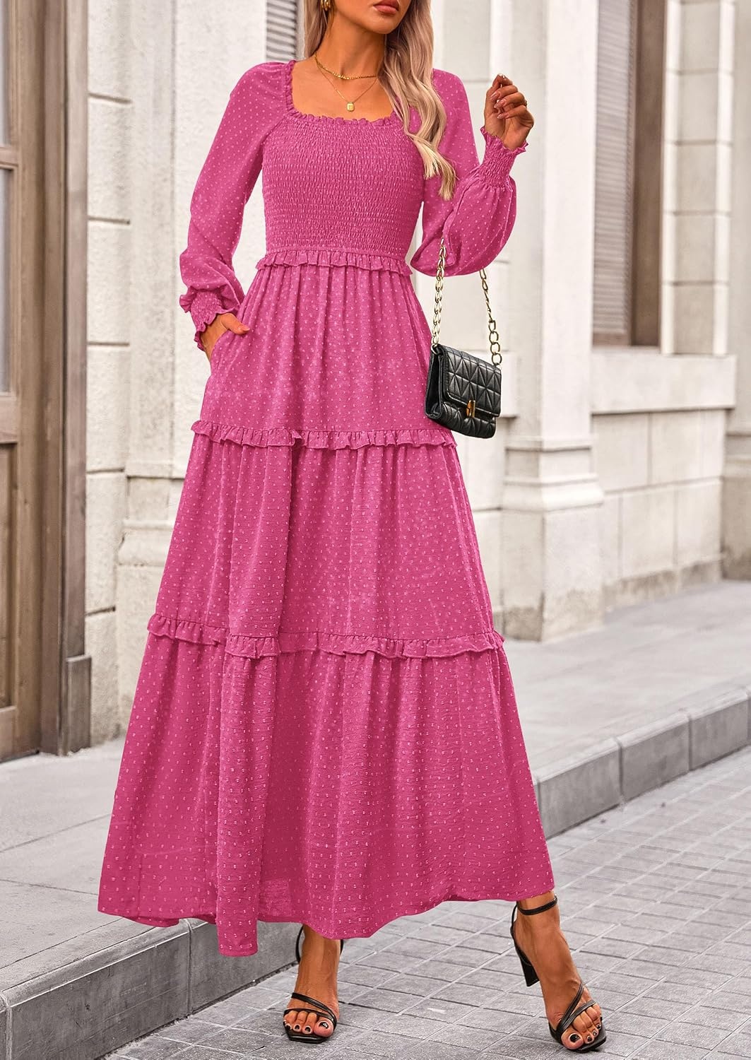image:imagePRETTYGARDEN Womens Smocked Long Sleeve Maxi Dress Wedding Guest DressesRose Red