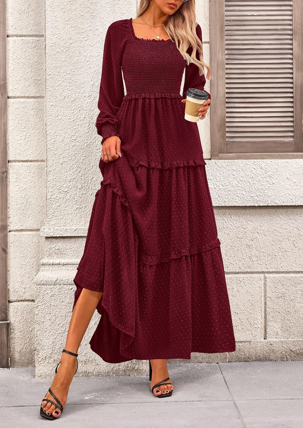 image:imagePRETTYGARDEN Womens Smocked Long Sleeve Maxi Dress Wedding Guest DressesWine Red