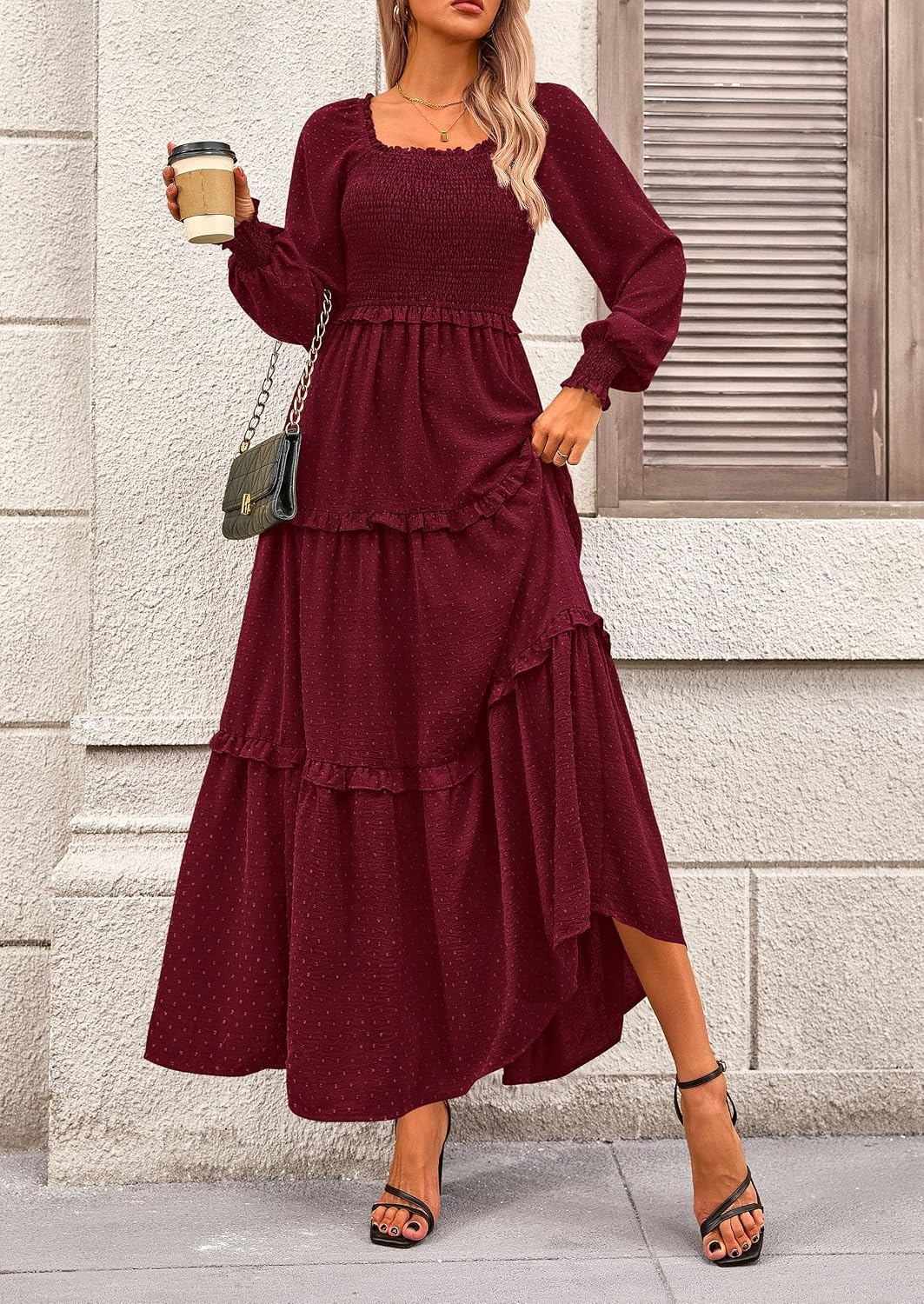 image:imagePRETTYGARDEN Womens Smocked Long Sleeve Maxi Dress Wedding Guest DressesWine Red