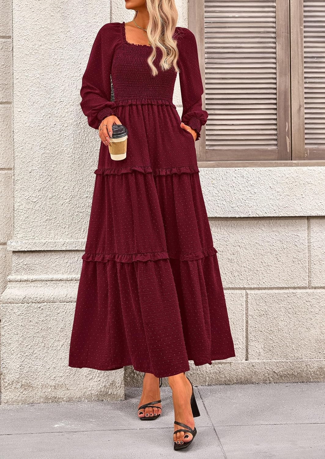 image:imagePRETTYGARDEN Womens Smocked Long Sleeve Maxi Dress Wedding Guest DressesWine Red