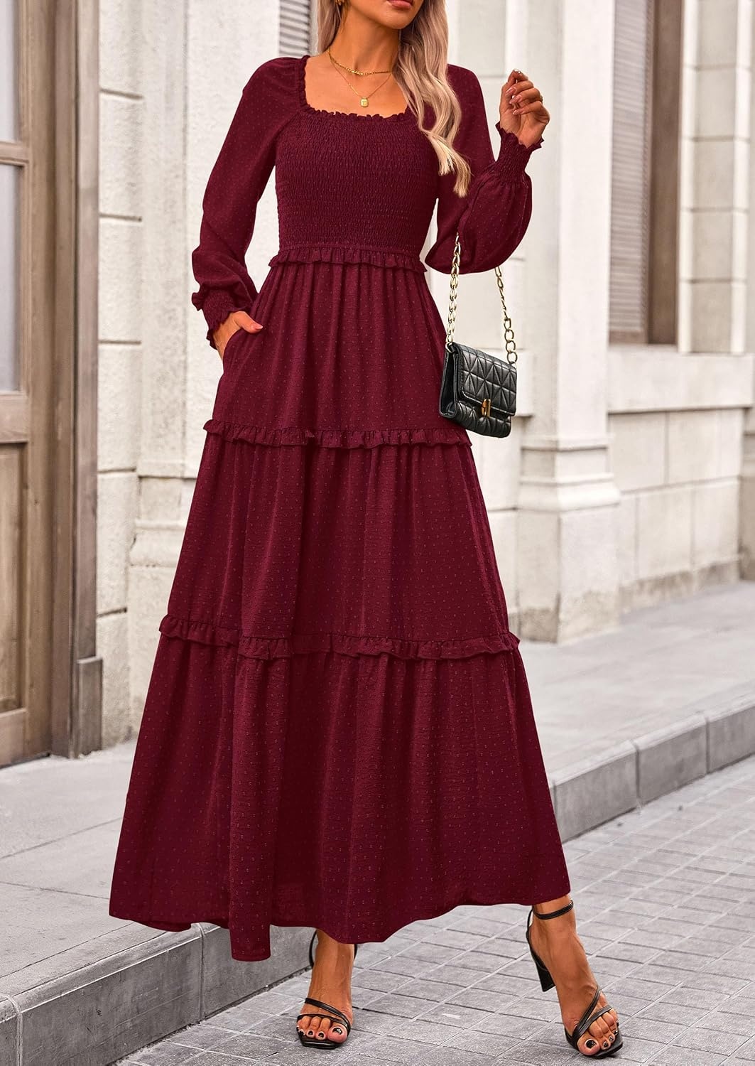 image:imagePRETTYGARDEN Womens Smocked Long Sleeve Maxi Dress Wedding Guest DressesWine Red