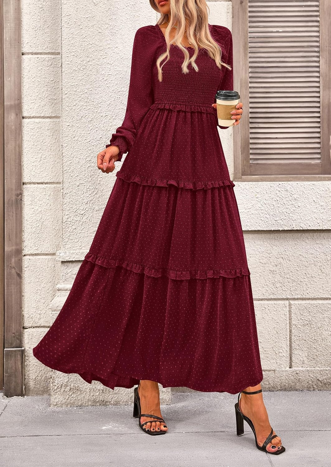 image:imagePRETTYGARDEN Womens Smocked Long Sleeve Maxi Dress Wedding Guest DressesWine Red