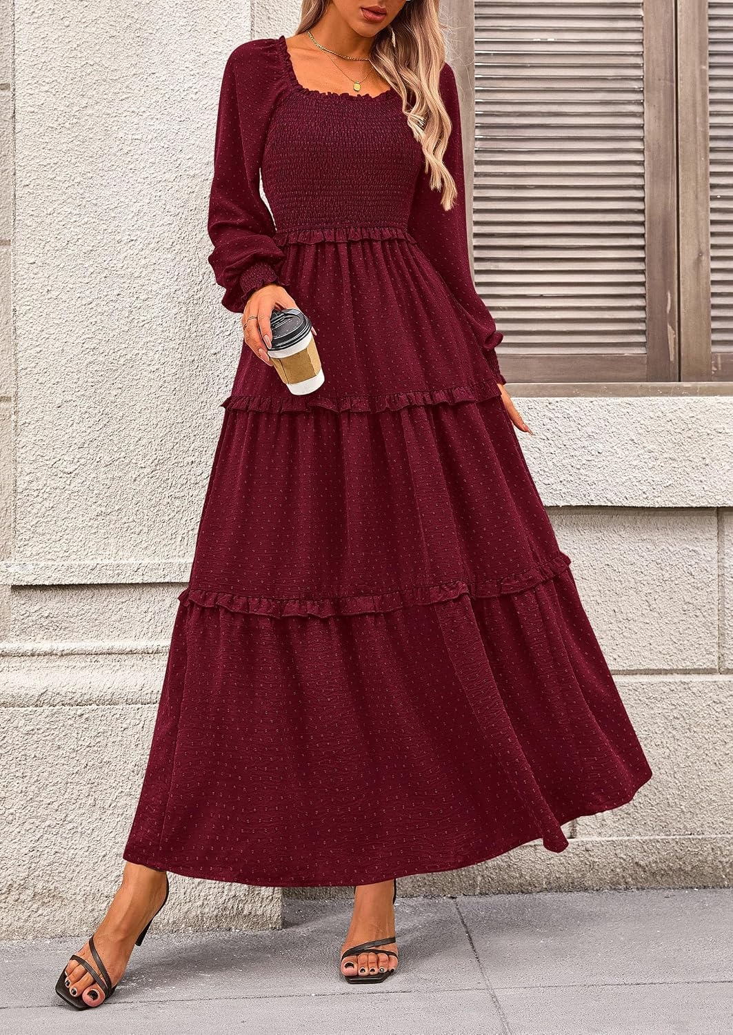 image:imagePRETTYGARDEN Womens Smocked Long Sleeve Maxi Dress Wedding Guest DressesWine Red