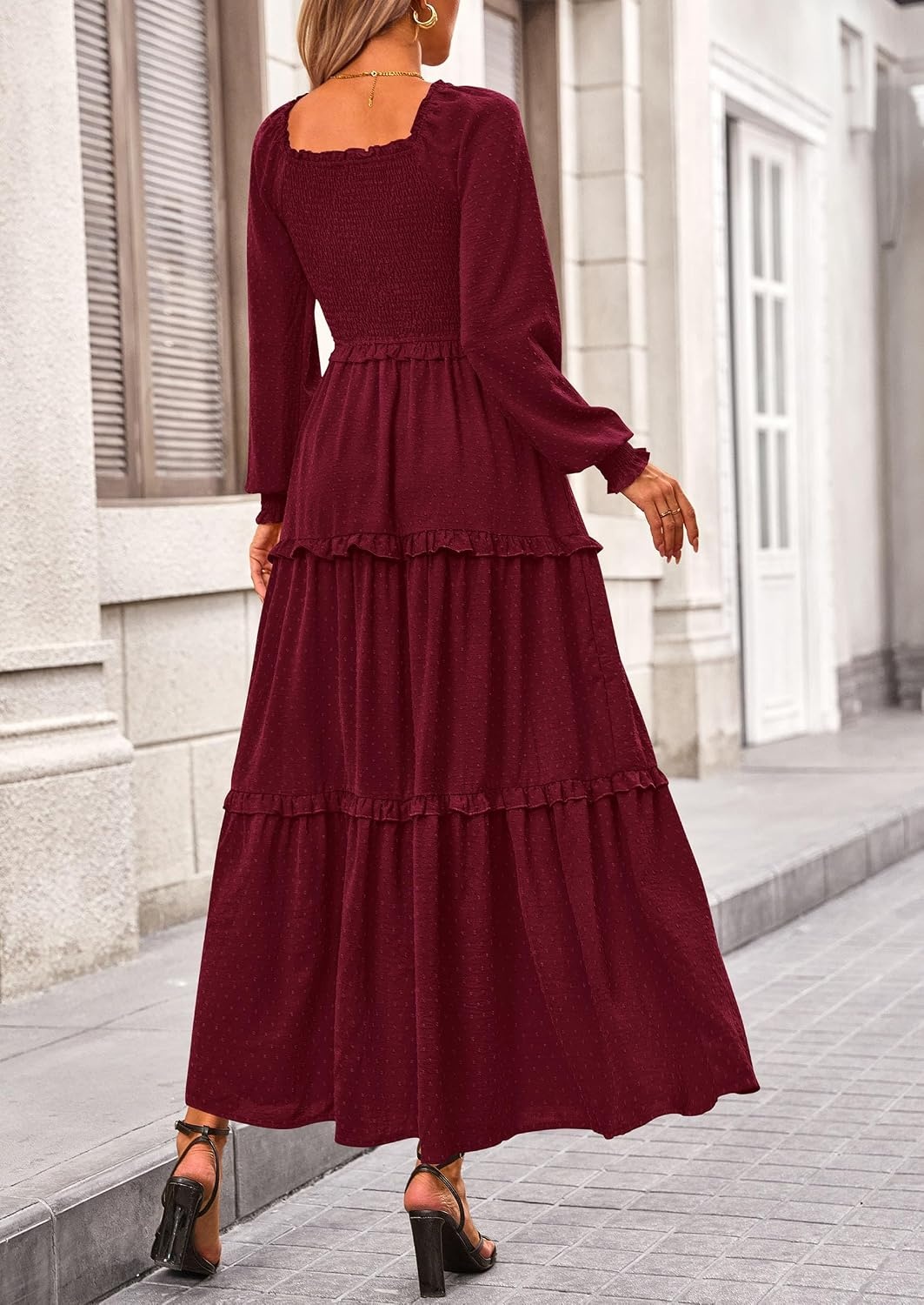 image:imagePRETTYGARDEN Womens Smocked Long Sleeve Maxi Dress Wedding Guest DressesWine Red