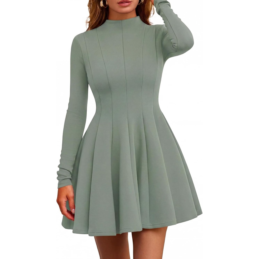 image:imagePRETTYGARDEN Fall Dresses for Women Long Sleeve Flowy Mini Homecoming DressSage Green