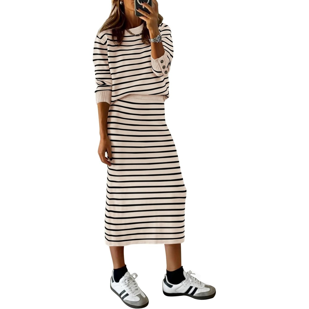 image:imagePRETTYGARDEN Womens 2 Piece Striped Sweater Skirt Set Fall Matching SetsApricot Stripe
