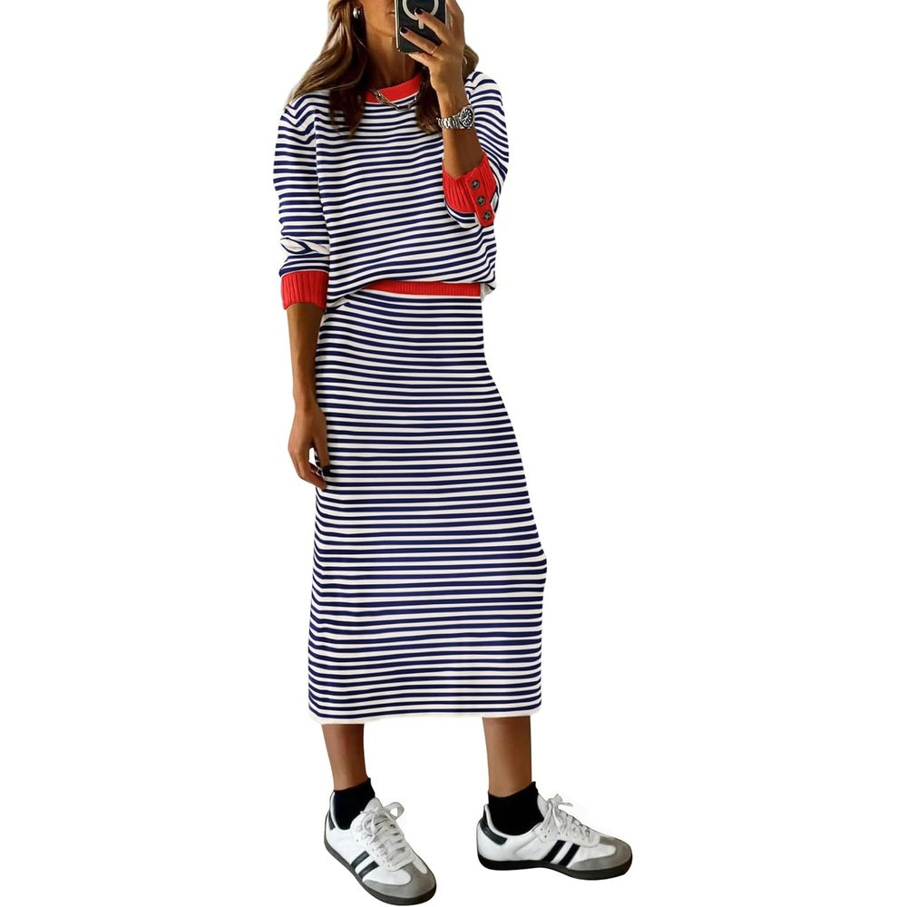 image:imagePRETTYGARDEN Womens 2 Piece Striped Sweater Skirt Set Fall Matching SetsDark Blue Stripe