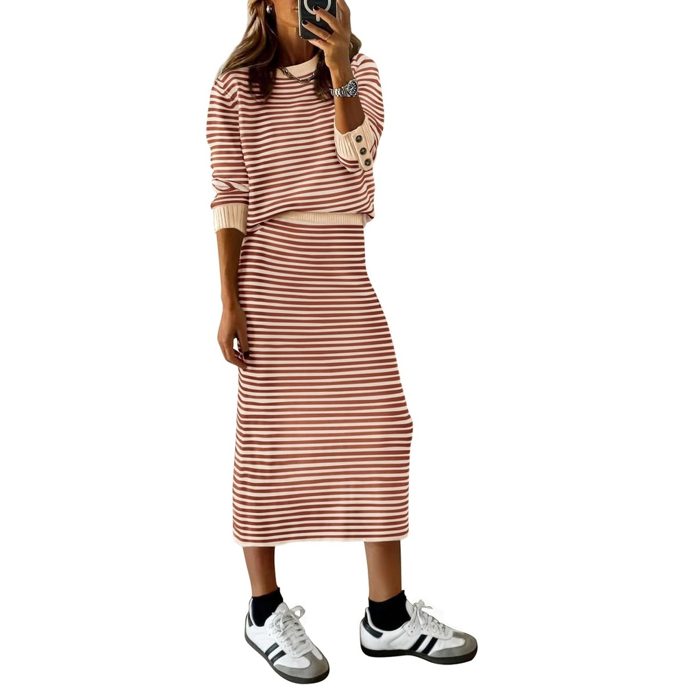 image:imagePRETTYGARDEN Womens 2 Piece Striped Sweater Skirt Set Fall Matching SetsOrange Stripe