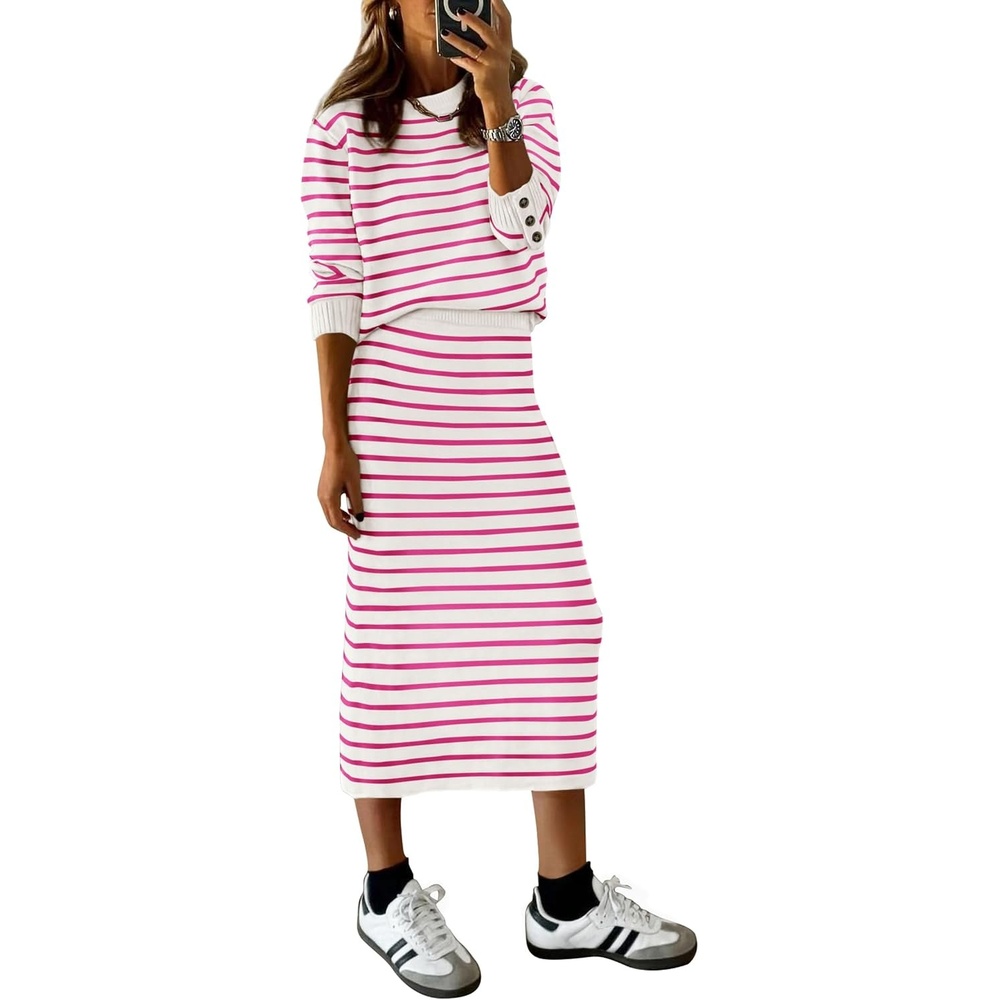 image:imagePRETTYGARDEN Womens 2 Piece Striped Sweater Skirt Set Fall Matching SetsRose Red Stripe