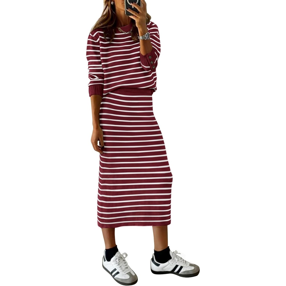 image:imagePRETTYGARDEN Womens 2 Piece Striped Sweater Skirt Set Fall Matching SetsWine Red White Stripe