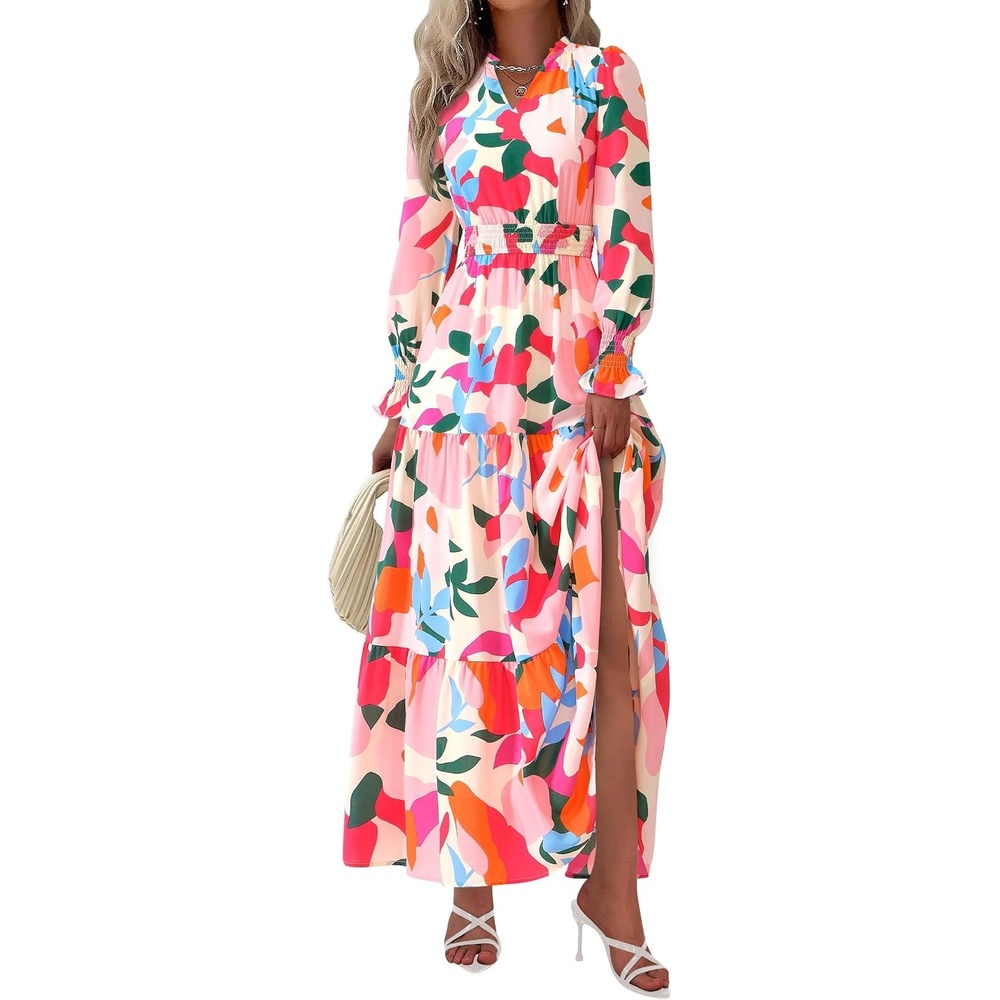 image:imagePRETTYGARDEN Womens Floral Maxi Dress Fall A Line Wedding Guest DressesFloral Apricot Rose Red
