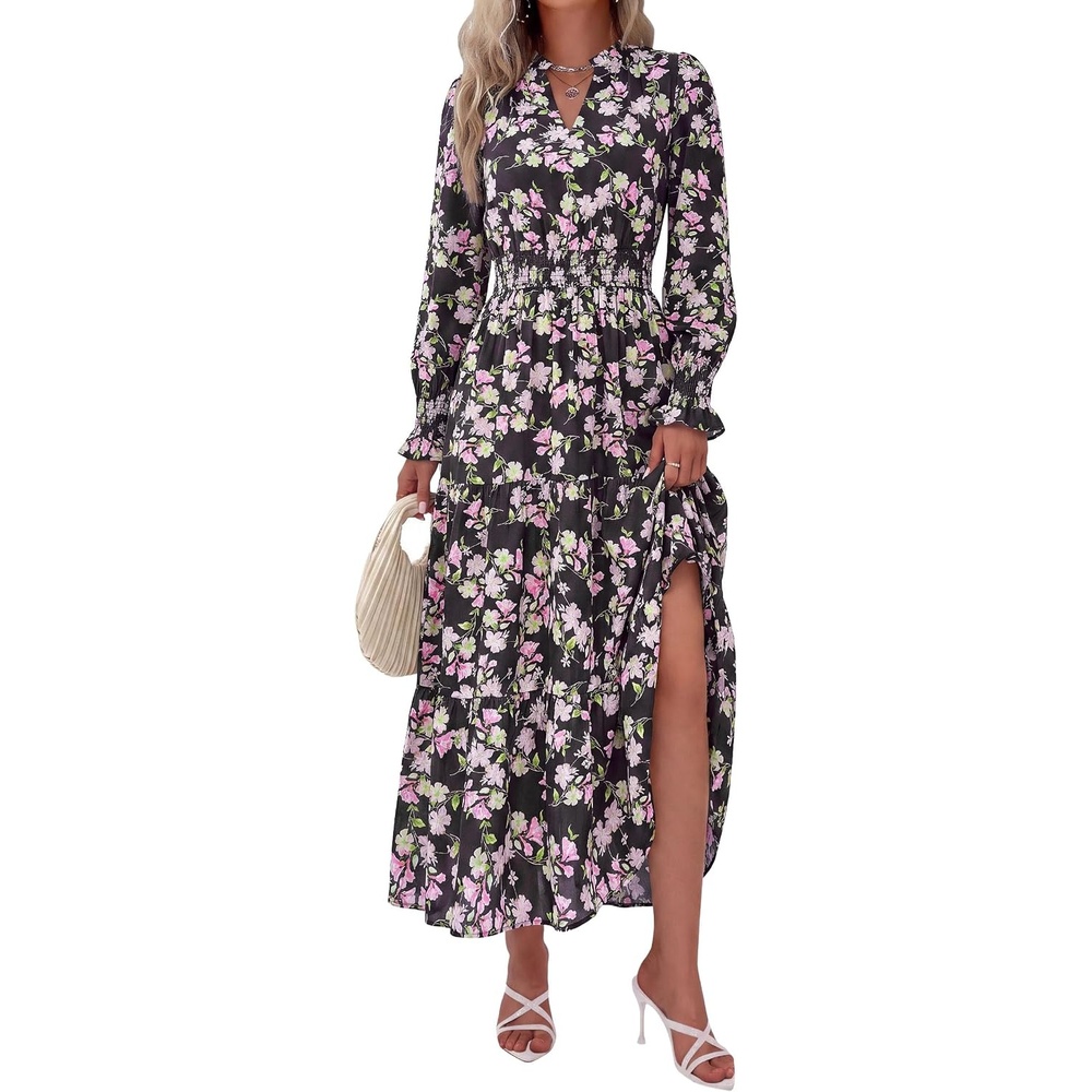 image:imagePRETTYGARDEN Womens Floral Maxi Dress Fall A Line Wedding Guest DressesFloral Black Pink