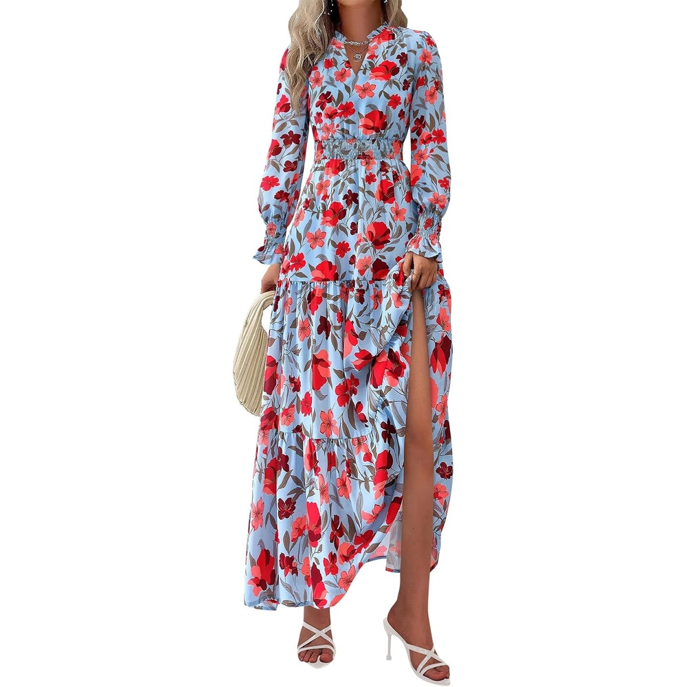 image:imagePRETTYGARDEN Womens Floral Maxi Dress Fall A Line Wedding Guest DressesFloral Blue Red