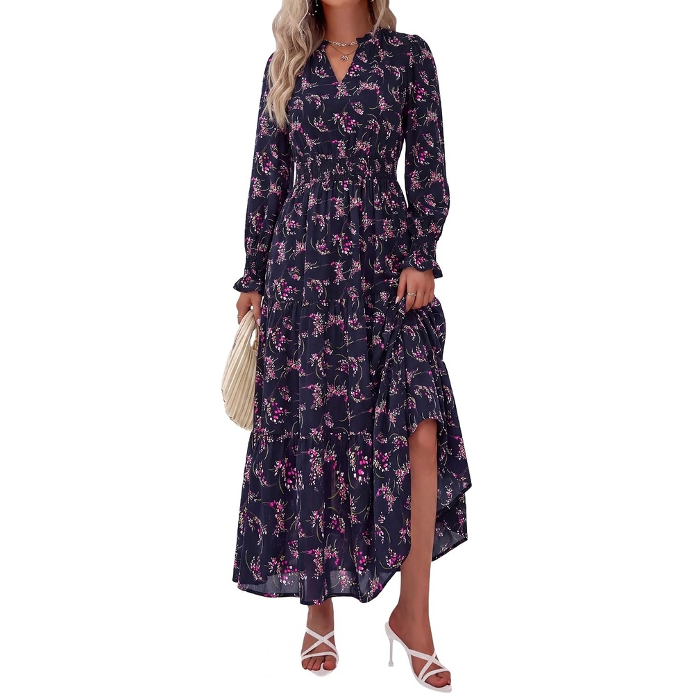 image:imagePRETTYGARDEN Womens Floral Maxi Dress Fall A Line Wedding Guest DressesFloral Navy Rose Red