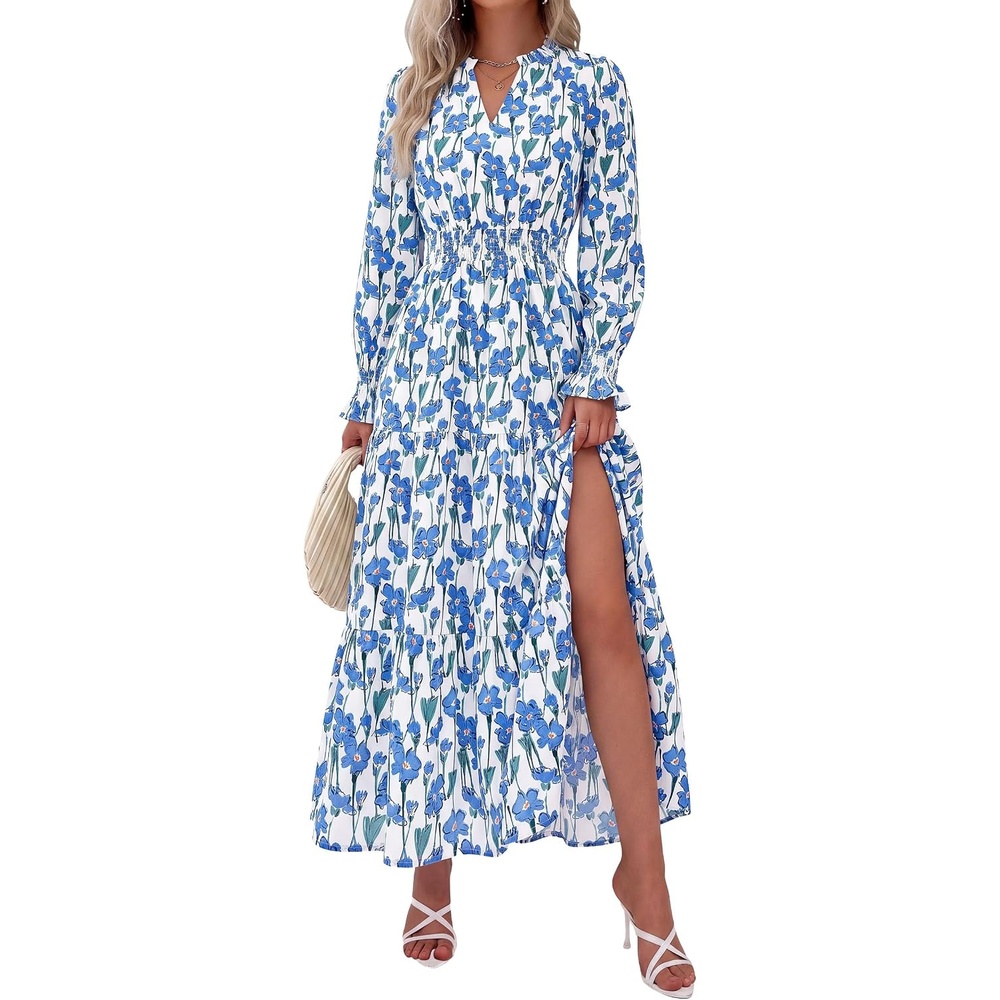 image:imagePRETTYGARDEN Womens Floral Maxi Dress Fall A Line Wedding Guest DressesFloral White Blue