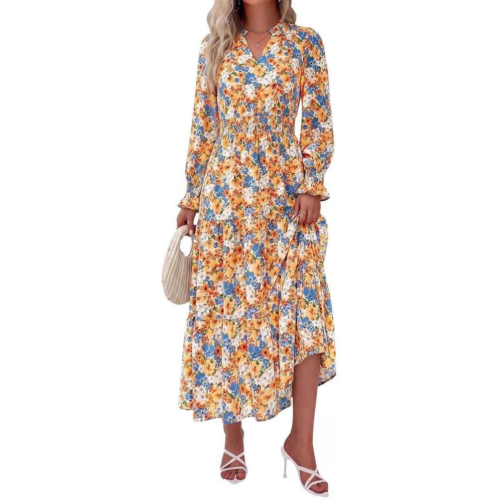 image:imagePRETTYGARDEN Womens Floral Maxi Dress Fall A Line Wedding Guest DressesFloral White Orange