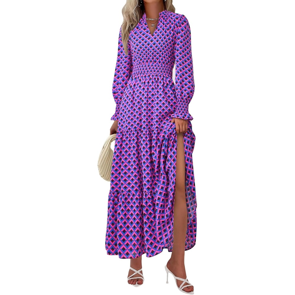 image:imagePRETTYGARDEN Womens Floral Maxi Dress Fall A Line Wedding Guest DressesPlaid Blue Pink