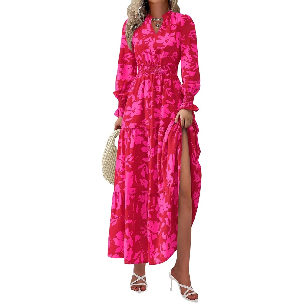 image:imagePRETTYGARDEN Womens Floral Maxi Dress Fall A Line Wedding Guest DressesRed Big Floral