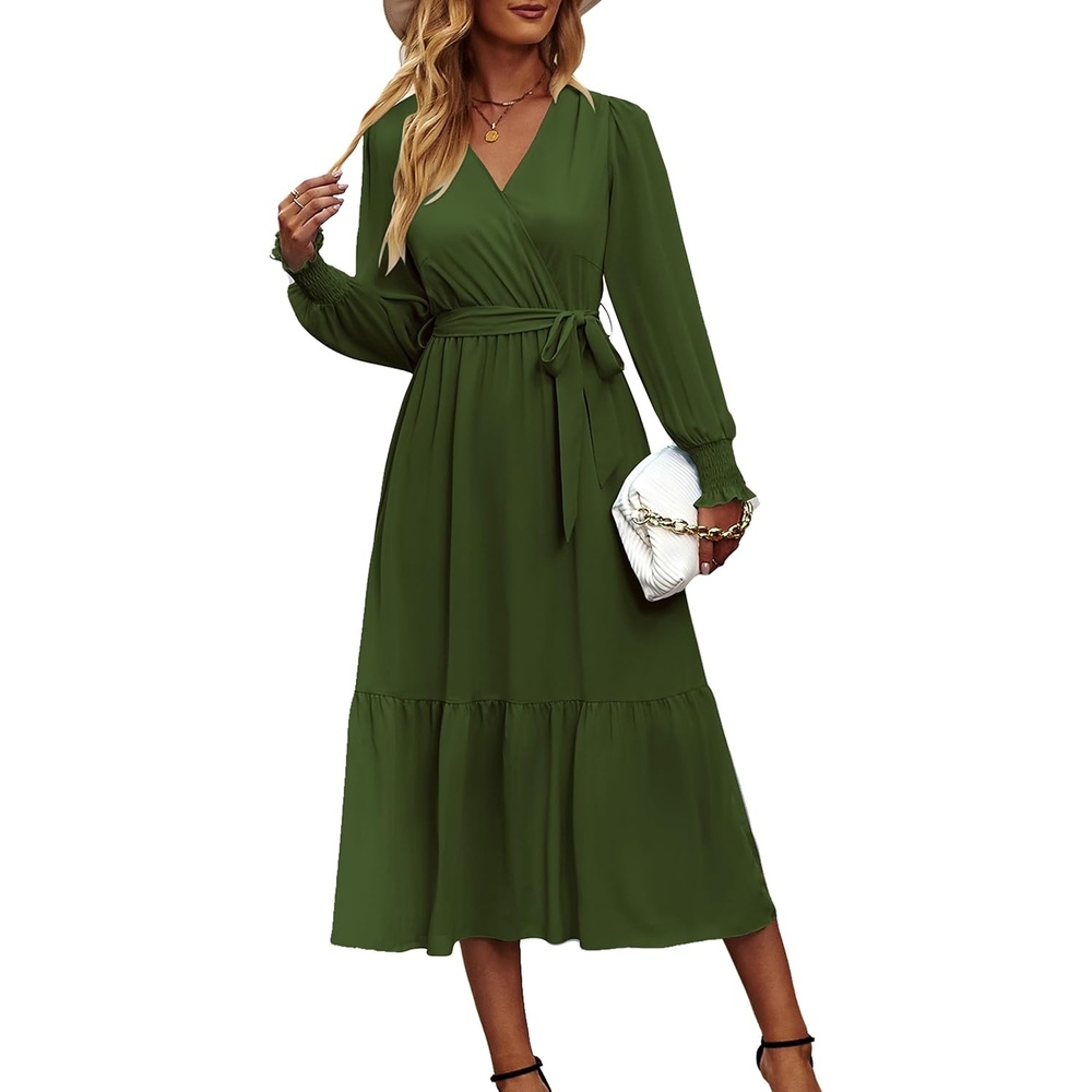 image:imagePRETTYGARDEN Womens Long Sleeve Boho Maxi Fall Floral Wedding Guest DressesSolid Army Green