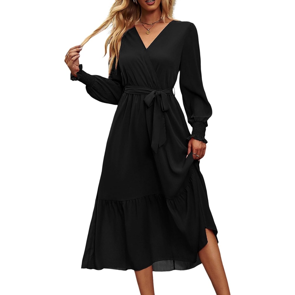 image:imagePRETTYGARDEN Womens Long Sleeve Boho Maxi Fall Floral Wedding Guest DressesSolid Black