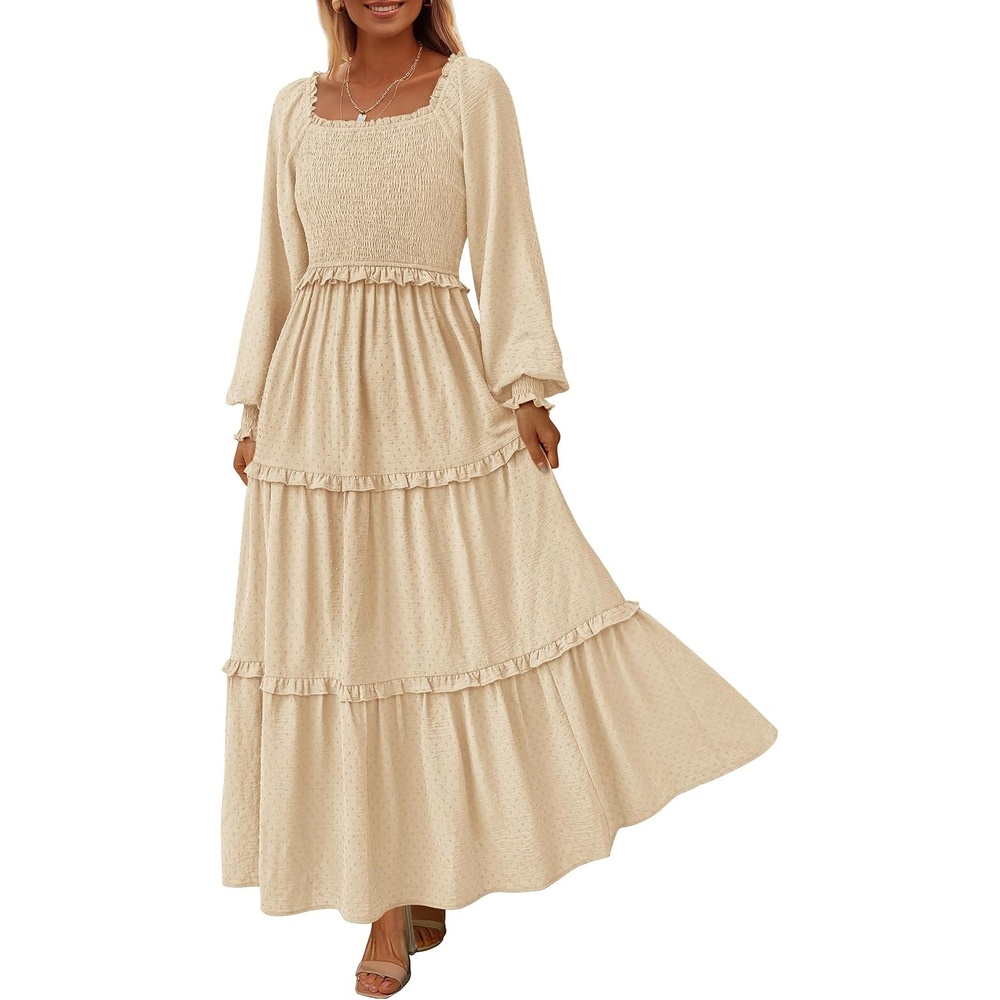 image:imagePRETTYGARDEN Womens Smocked Long Sleeve Maxi Dress Wedding Guest DressesBeige