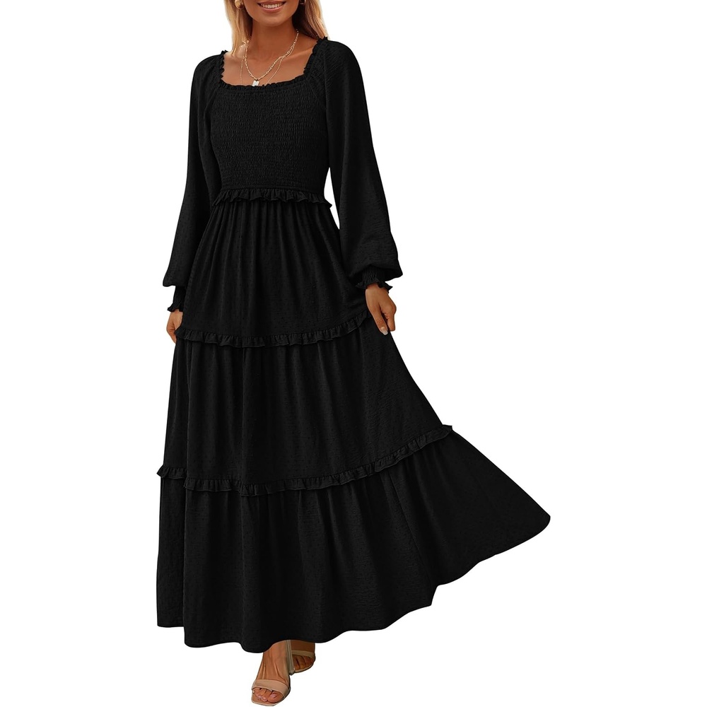 image:imagePRETTYGARDEN Womens Smocked Long Sleeve Maxi Dress Wedding Guest DressesBlack