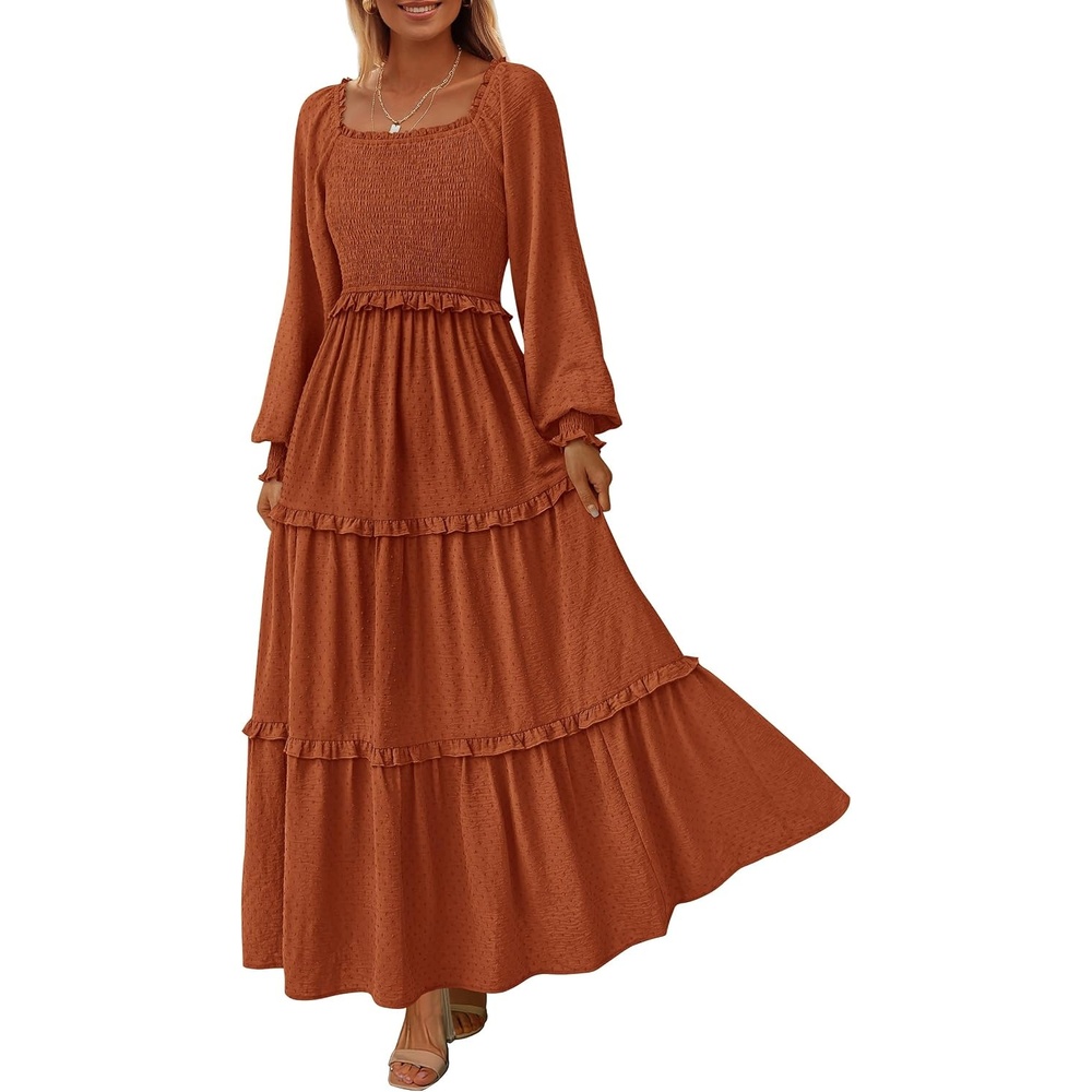 image:imagePRETTYGARDEN Womens Smocked Long Sleeve Maxi Dress Wedding Guest DressesBrown