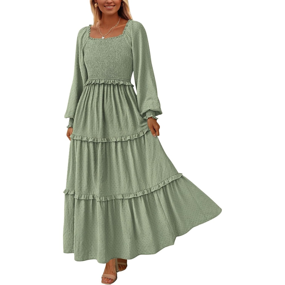image:imagePRETTYGARDEN Womens Smocked Long Sleeve Maxi Dress Wedding Guest DressesGrey Green