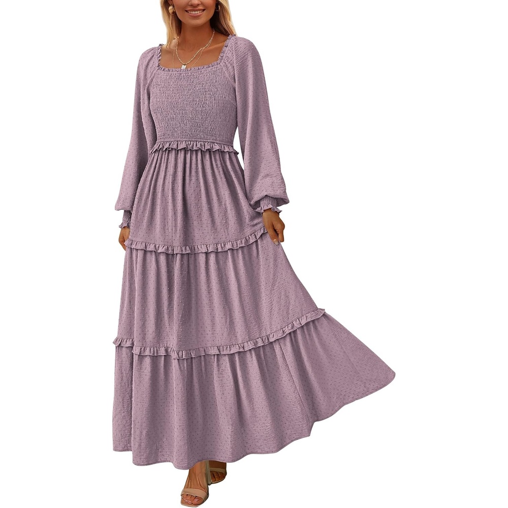 image:imagePRETTYGARDEN Womens Smocked Long Sleeve Maxi Dress Wedding Guest DressesGrey Purple