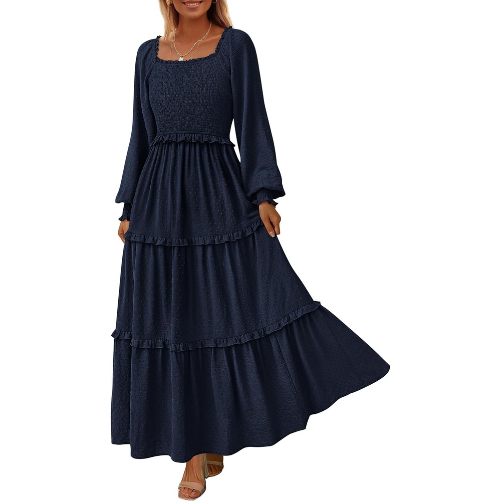 image:imagePRETTYGARDEN Womens Smocked Long Sleeve Maxi Dress Wedding Guest DressesNavy