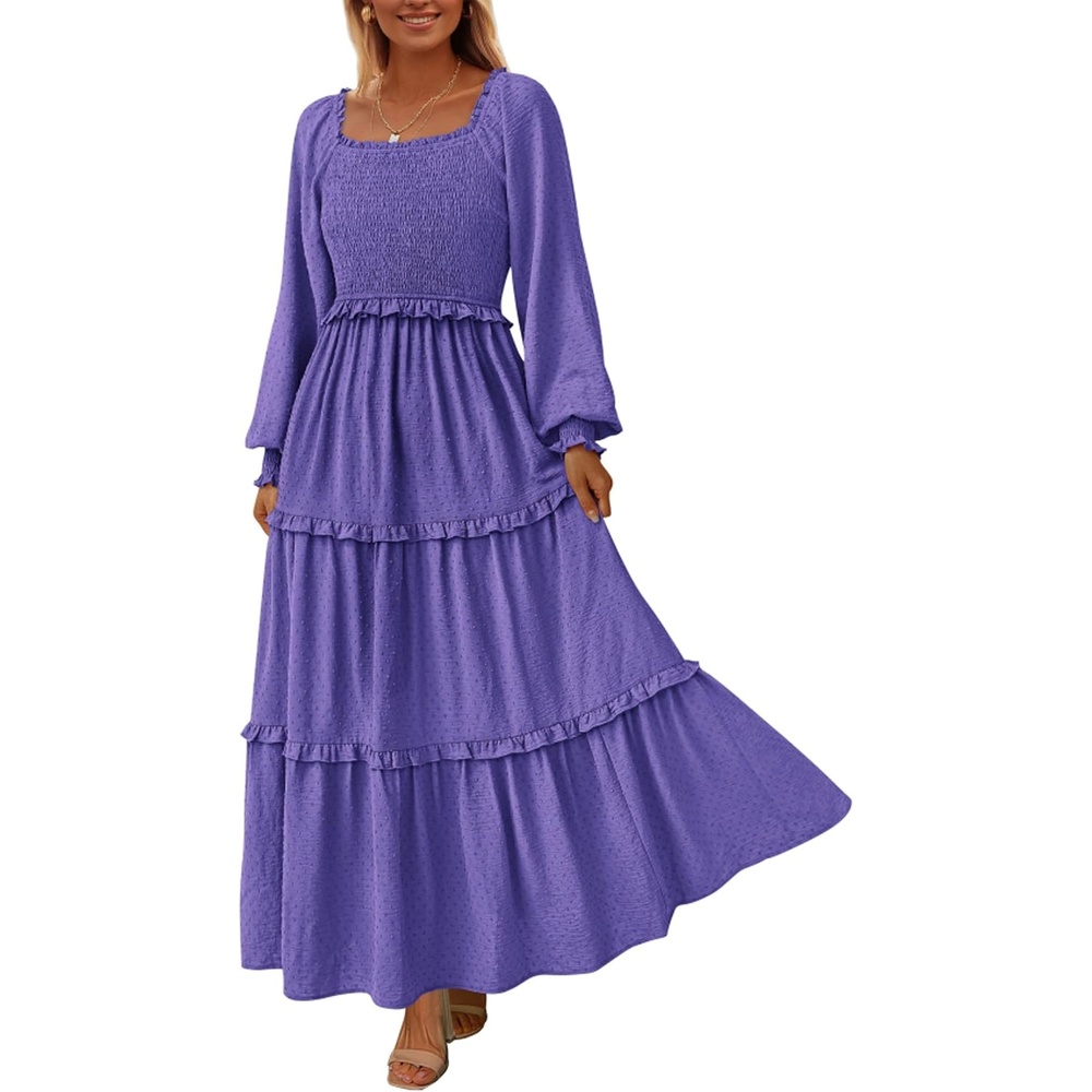 image:imagePRETTYGARDEN Womens Smocked Long Sleeve Maxi Dress Wedding Guest DressesPurple Blue